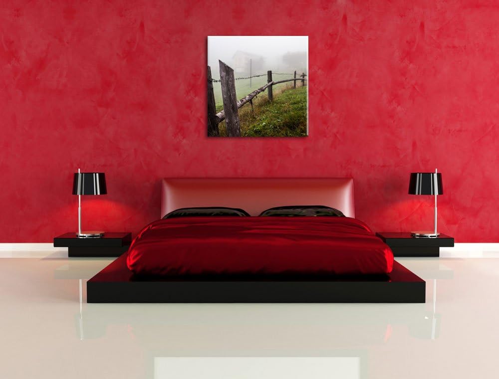 Pixxprint Rustikaler Holzzaun auf Wiese als Leinwandbild/Grösse: 70x70 / Wandbild/Kunstdruck/fertig