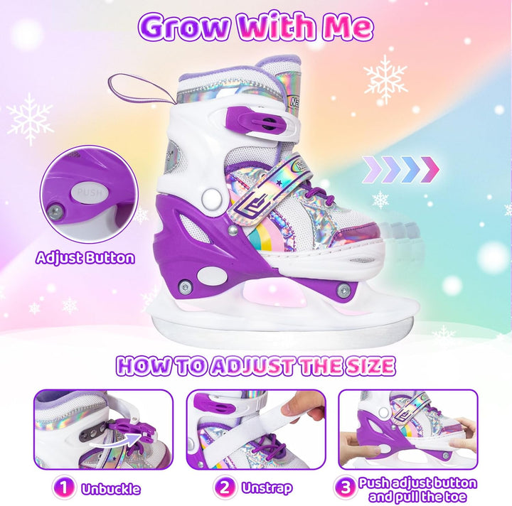 Nattork Mädchen Schlittschuhe für Kinder 4 Grössen verstellbar Regenbogen Schlittschuh mit Fleecefut