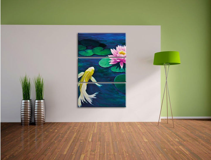 Pixxprint Koi mit Seerose Kunst als Leinwandbild - Grösse: 3-Teilig (120x80cm) - Wandbild - Kunstdru