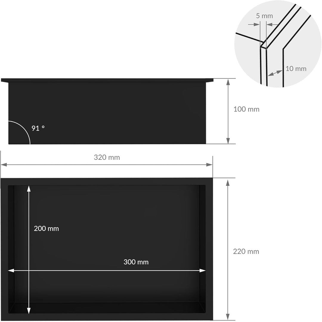 LuxeBath Wandnische aus Edelstahl, 20x30x10 cm, Schwarz, Duschnische mit Rahmen, Einbauregal, Flexib