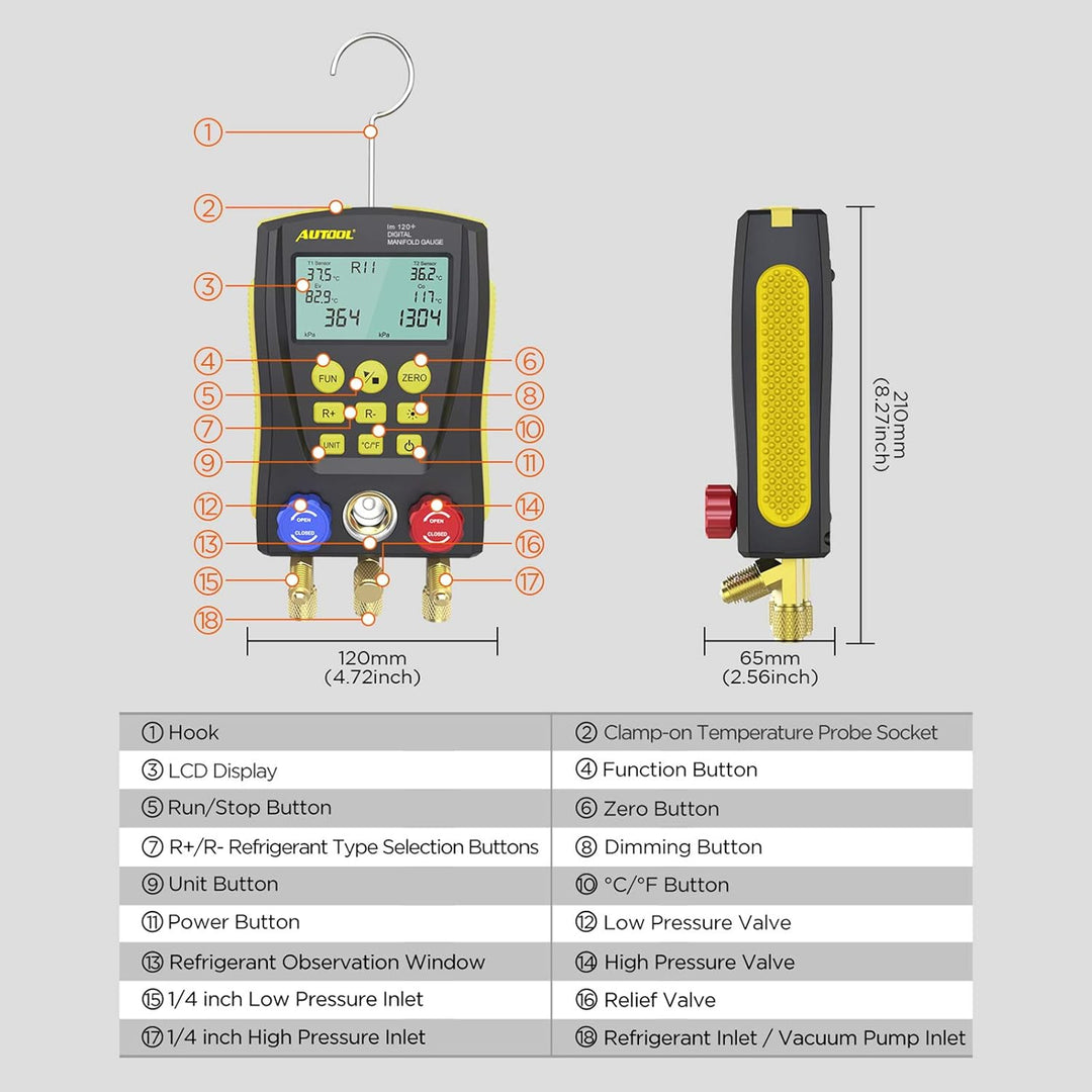AUTOOL lm120+ Digitales Kältemanometer, HLK-System Kältemanometer/Vakuumdruck-Temperatur-Lecktester