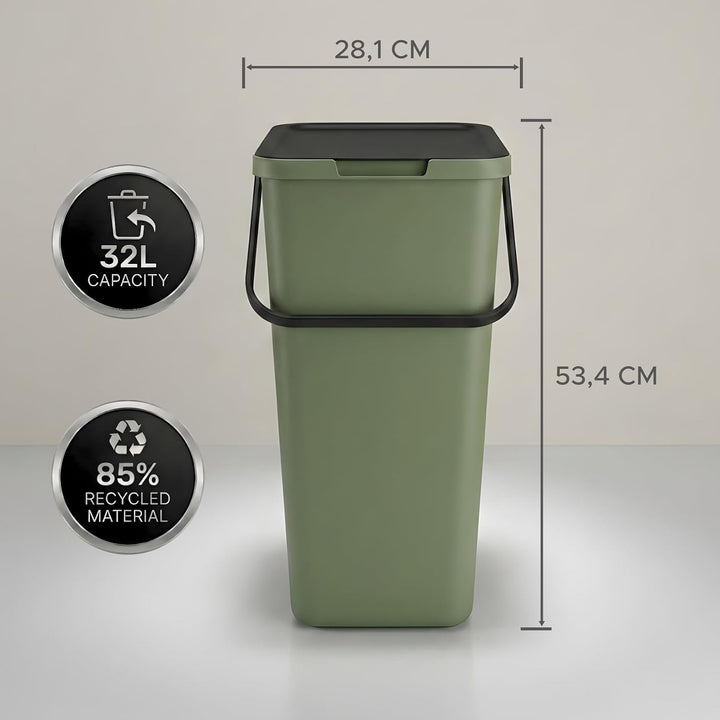 Mülltrennsystem 3 fach, 3x 32l grün, gross, Mülleimer freistehend, geruchsdicht, 34x28x53(H) cm, Grü