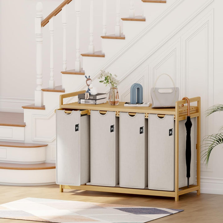 AdelDream Wäschekorb 200L, 4 Fächer Wäschesammler mit Ablage, Bambusrahmen | Wäschesortierer mit 4 x