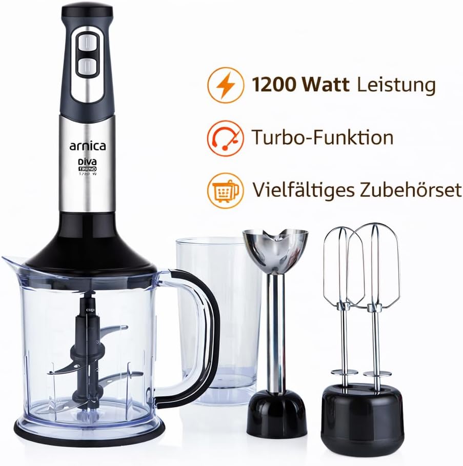 arnica Diva Trend Set Stabmixer - 1200W - Edelstahl Mixstab mit Zerkleinerer Schneebesen - Turbo Fun