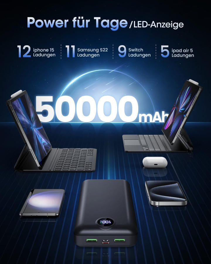 PowerBank 50000mAh grosse kapazität, 22,5W schnelles Aufladen USB-C 3 Ausgänge und 2 Eingänge LED ex