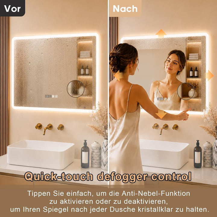 Badspiegel mit Beleuchtung, 60 x 80 cm Zeit anzeigen 3 Farben Dimmbar | Spiegel mit LED Licht Anti N