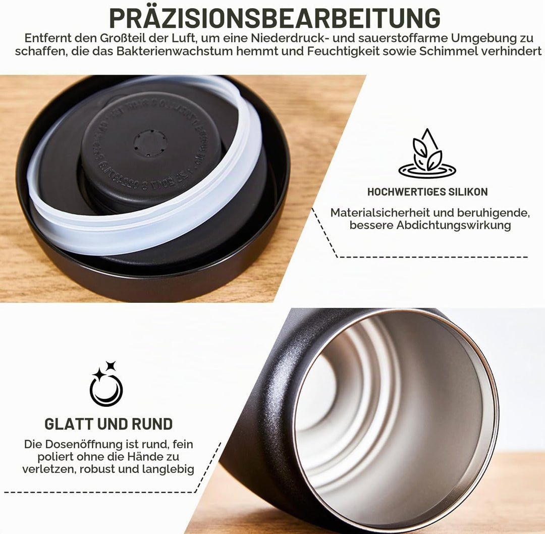 Radianeroryi 1.2L Edelstahl Kaffeedose Vakuumbehälter, Kaffeebohnen behälter, Vakuum Kaffeedose Luft
