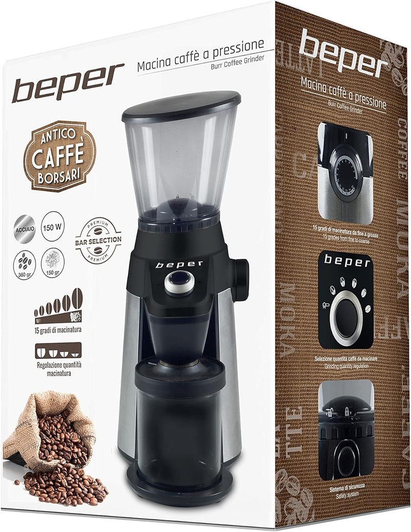 BEPER BP.580, Profi-Druck-Kaffeemühle, 15 Mahlgrade, Mahlgradeinstellung, Sicherheitssystem, inkl. R