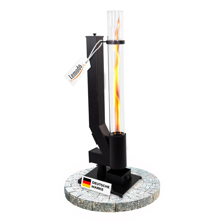 Lemodo Pelletfackel CORE, Feuersäule Outdoor mit Glasröhre, für Garten &amp; Terrasse, für Holzpellets,