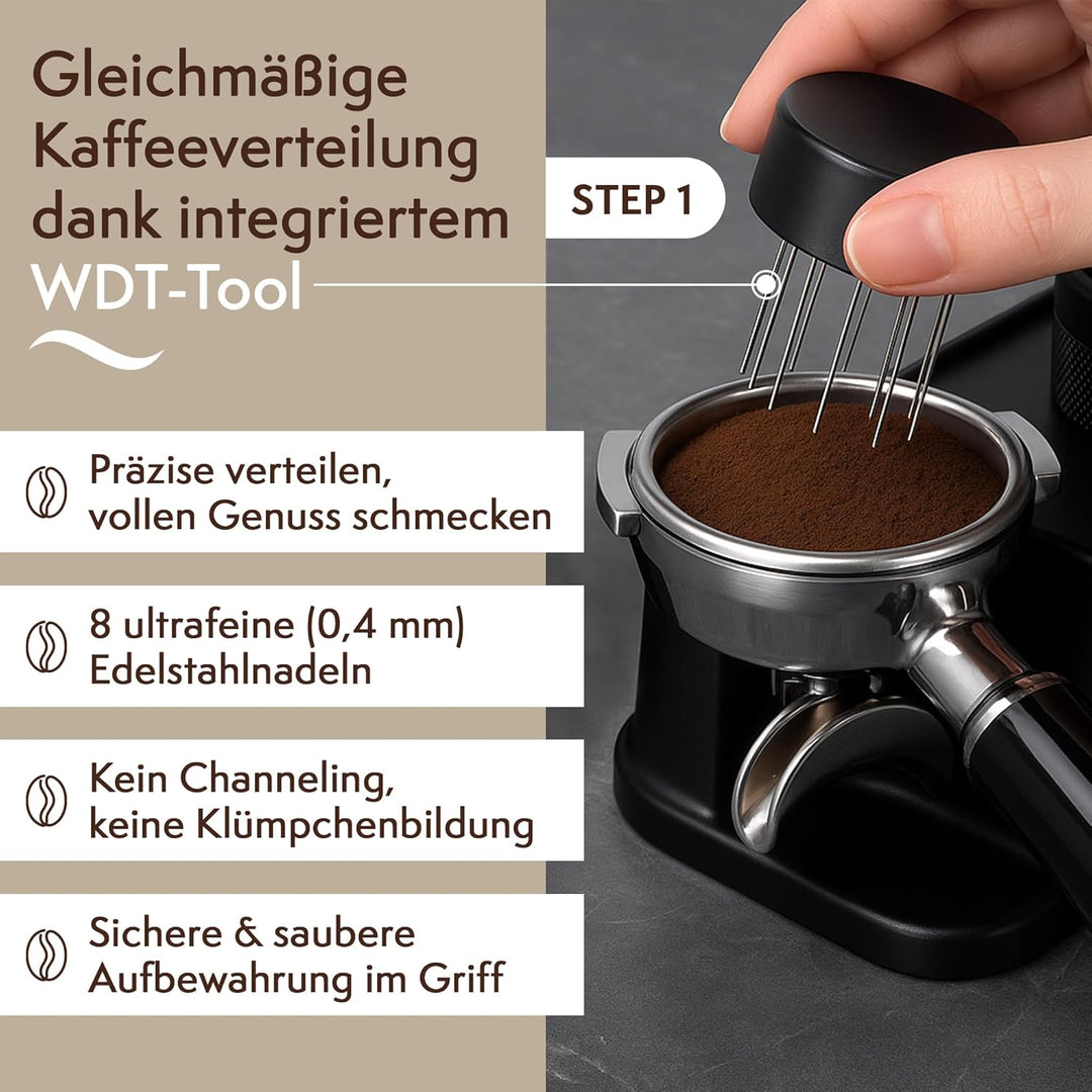 2-in-1 Espresso Tamper 58 mm mit WDT Tool – Kalibrierter 30-lb Tamper & 12-Nadel Espresso-Nadelverte