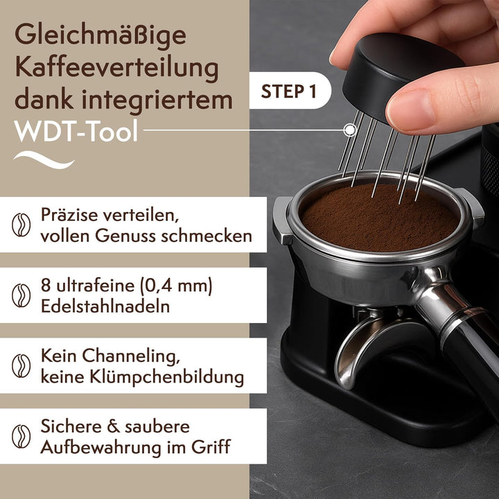 2-in-1 Espresso Tamper 58 mm mit WDT Tool – Kalibrierter 30-lb Tamper & 12-Nadel Espresso-Nadelverte