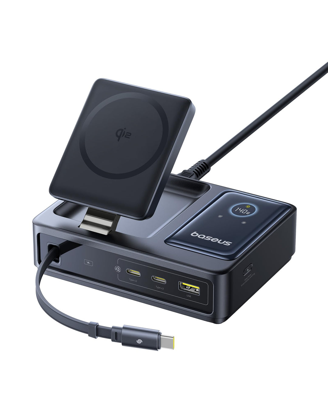 Baseus NOMOS 5 in 1 Ladestation, 140 W USB-C Ladegerät mit 15 W Qi2.0 MagSafe Ladegerät, Typ C Einzi