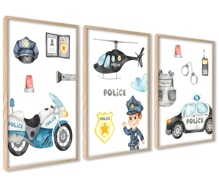 ag.art deco Kinder Poster Set Polizei | 3 Stück 40x50cm MIT RAHMEN HOLZ | Hubschrauber Polizeiauto P