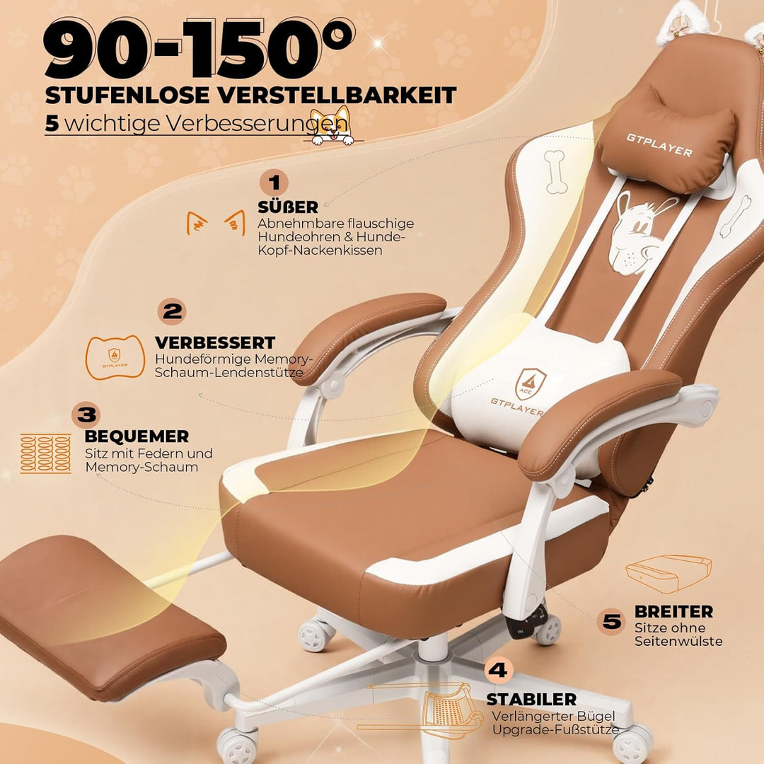 GTPLAYER Niedlicher Gaming Stuhl, Gaming Chair, ergonomischer Bürostuhl Gamer Stuhl mit Katzenohren,