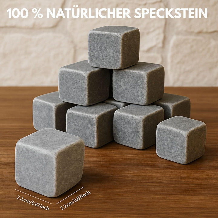 9 Stück Whisky Steine Set aus natürlichem Speckstein, on The Rocks Kühlsteine mit praktischen Stoffb