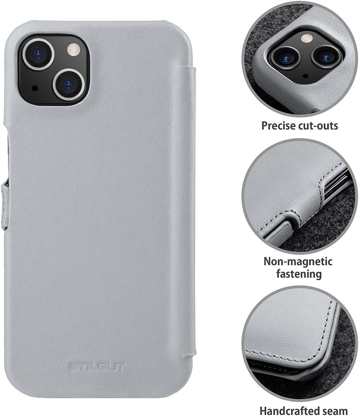 STILGUT Book Case kompatibel mit iPhone 13 (6.1“) Hülle aus Leder mit Clip-Verschluss, Klapphülle, H