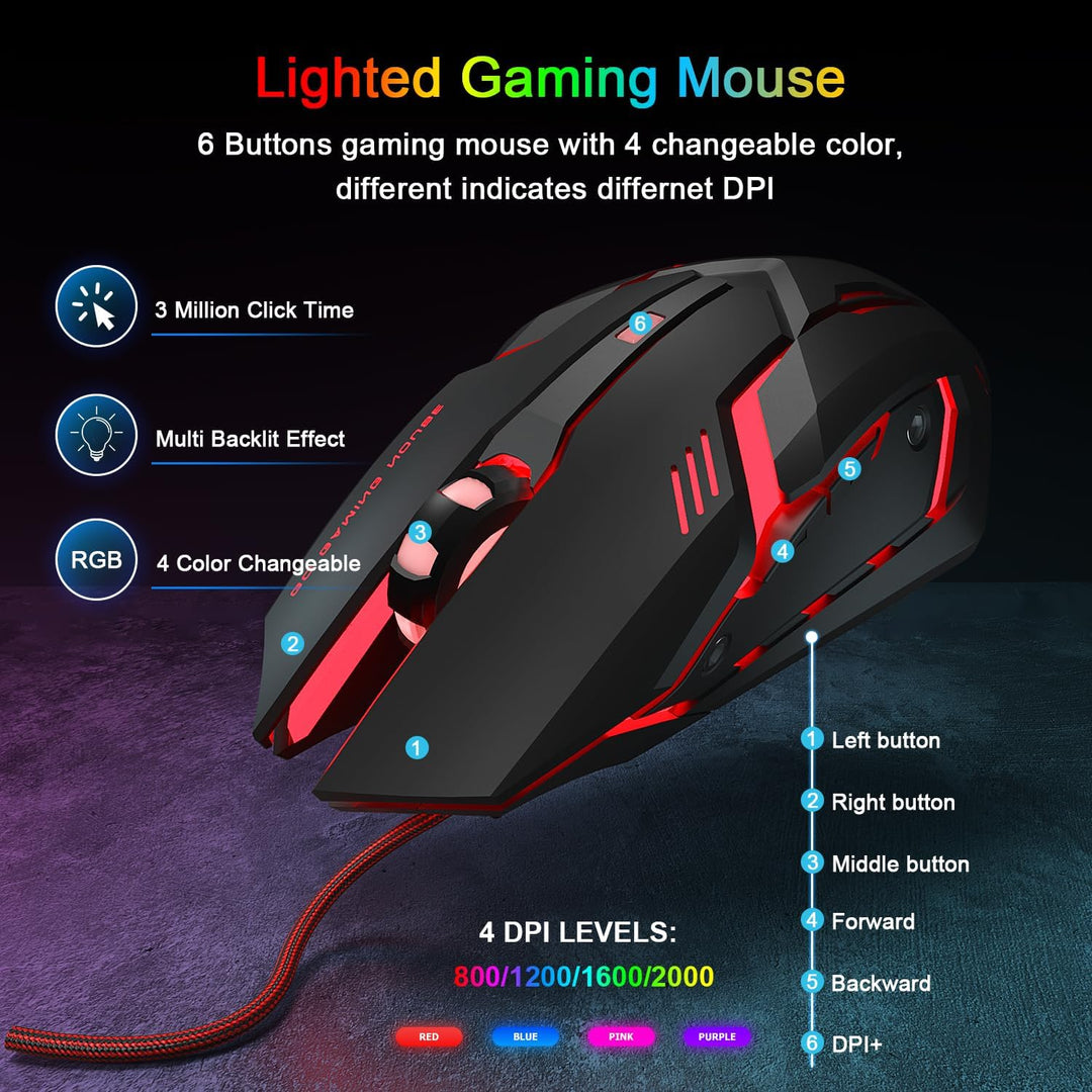 Gaming Tastatur und Maus Set mit Headset, QWERTZ DE Layout, RGB Beleuchtete Tastatur, 4 Farben LED G