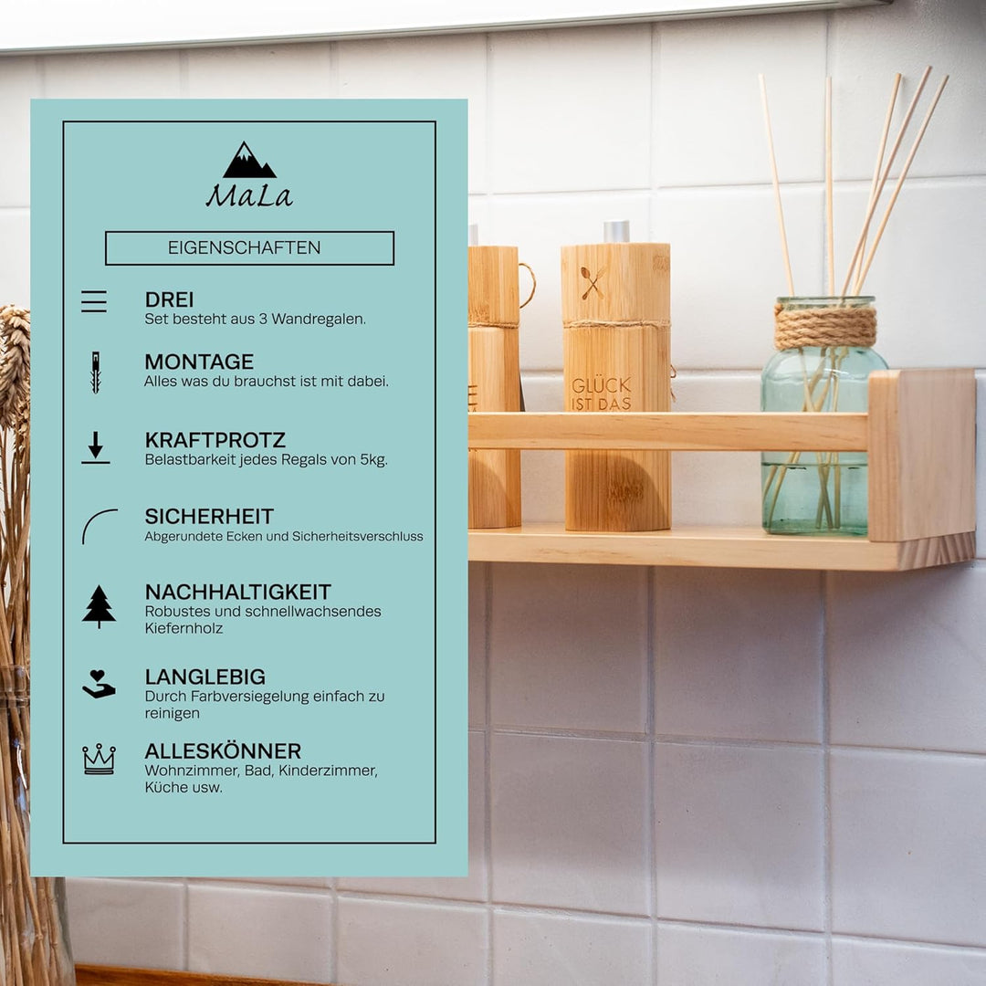 MaLa - 3er Set Natur Bücherregale aus Massivholz – Schweberegal Kinderzimmer Badezimmer Küche Wohnun