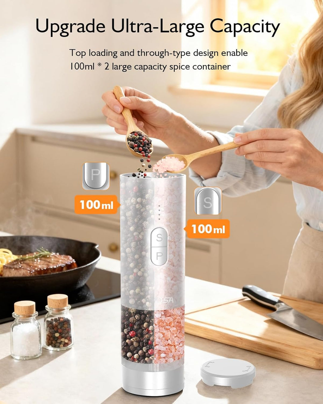 AMOSA Salz und Pfeffermühle Elektrisch, 2-in-1 Doppelbehälter USB Aufladbar, Nachfüllbar Automatisch