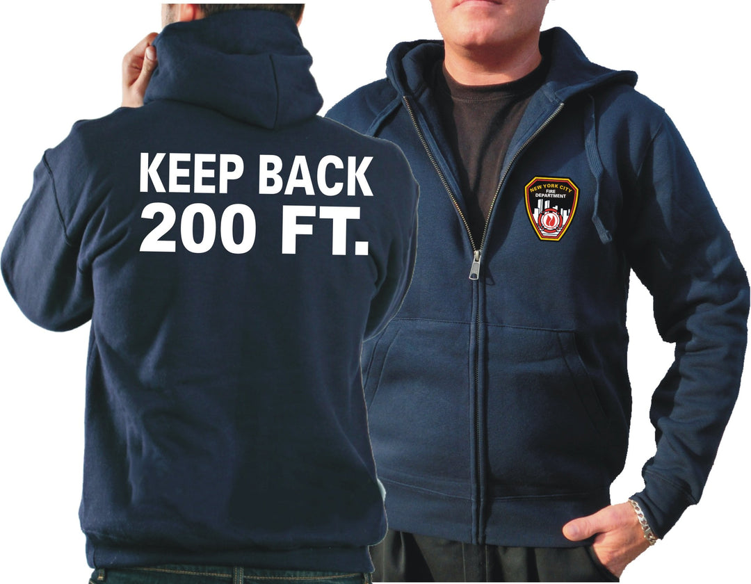feuer1 Kapuzensweatjacke Navy, Keep Back 200 FT. mit Emblem NYC Fire Dept., M