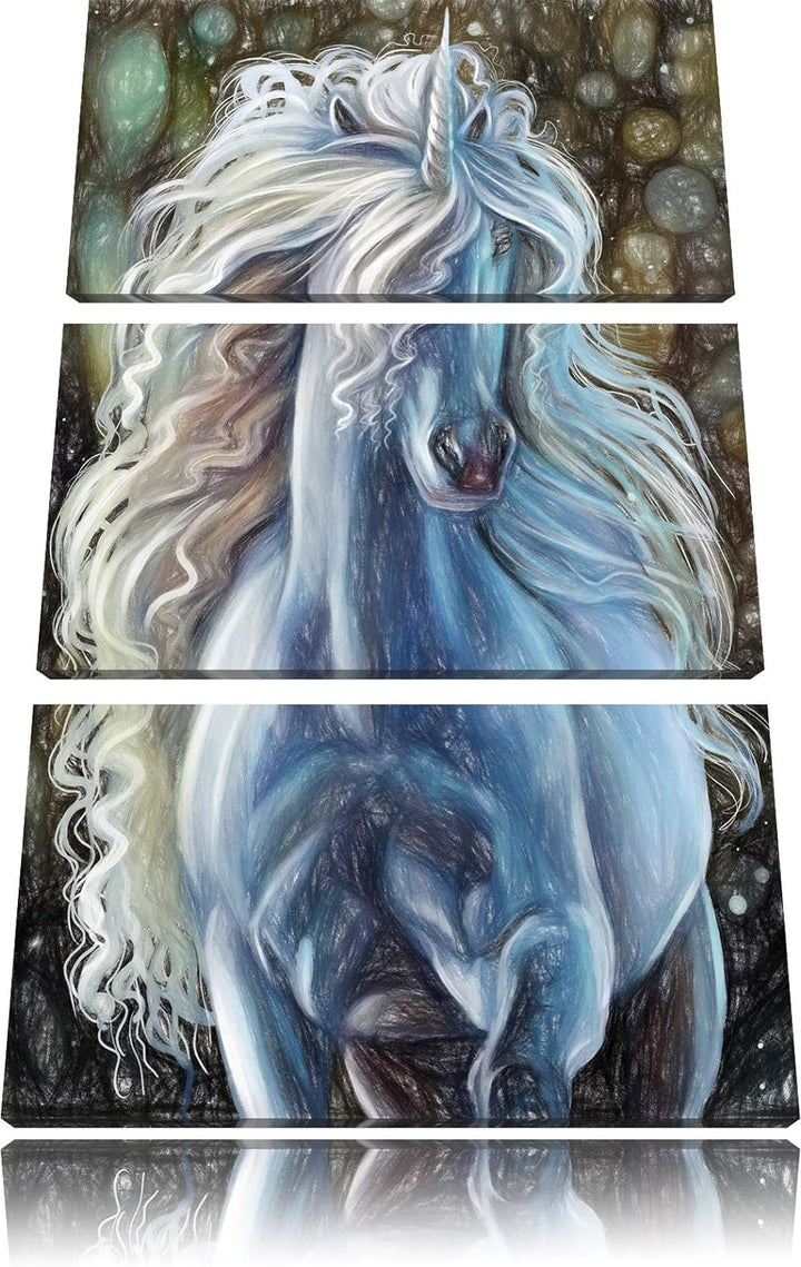 Pixxprint Trabendes weisses Einhorn als Leinwandbild/Grösse: 3 Teilig (120x80 cm) cm/Wandbild/Kunstd
