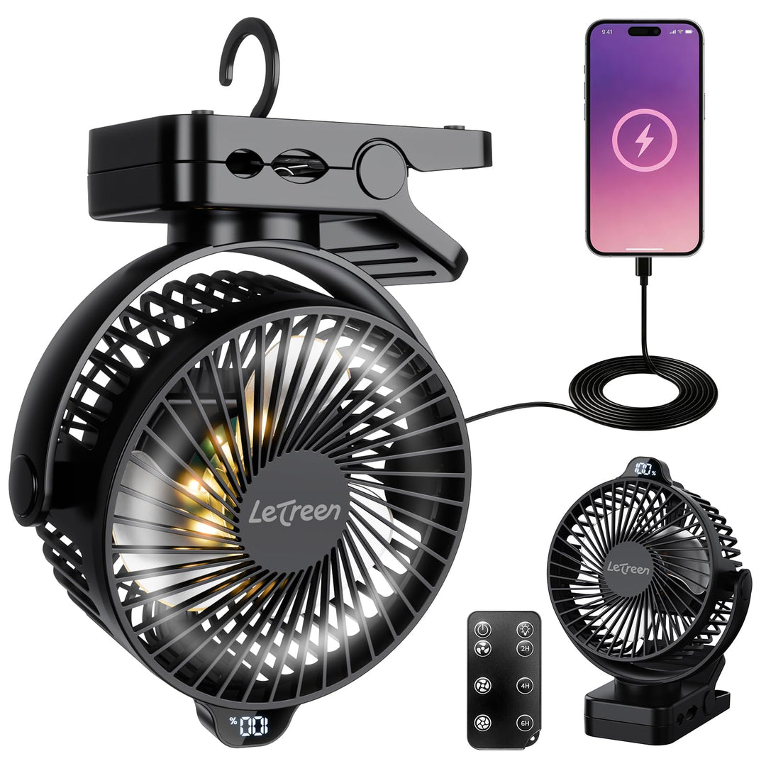 Camping Ventilator 15000mAh, Mini USB Ventilator Leise mit LED Licht & Anzeige, 360° Drehung Wiedera
