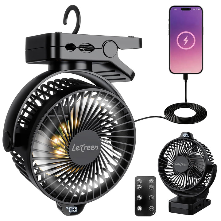 Camping Ventilator 15000mAh, Mini USB Ventilator Leise mit LED Licht & Anzeige, 360° Drehung Wiedera