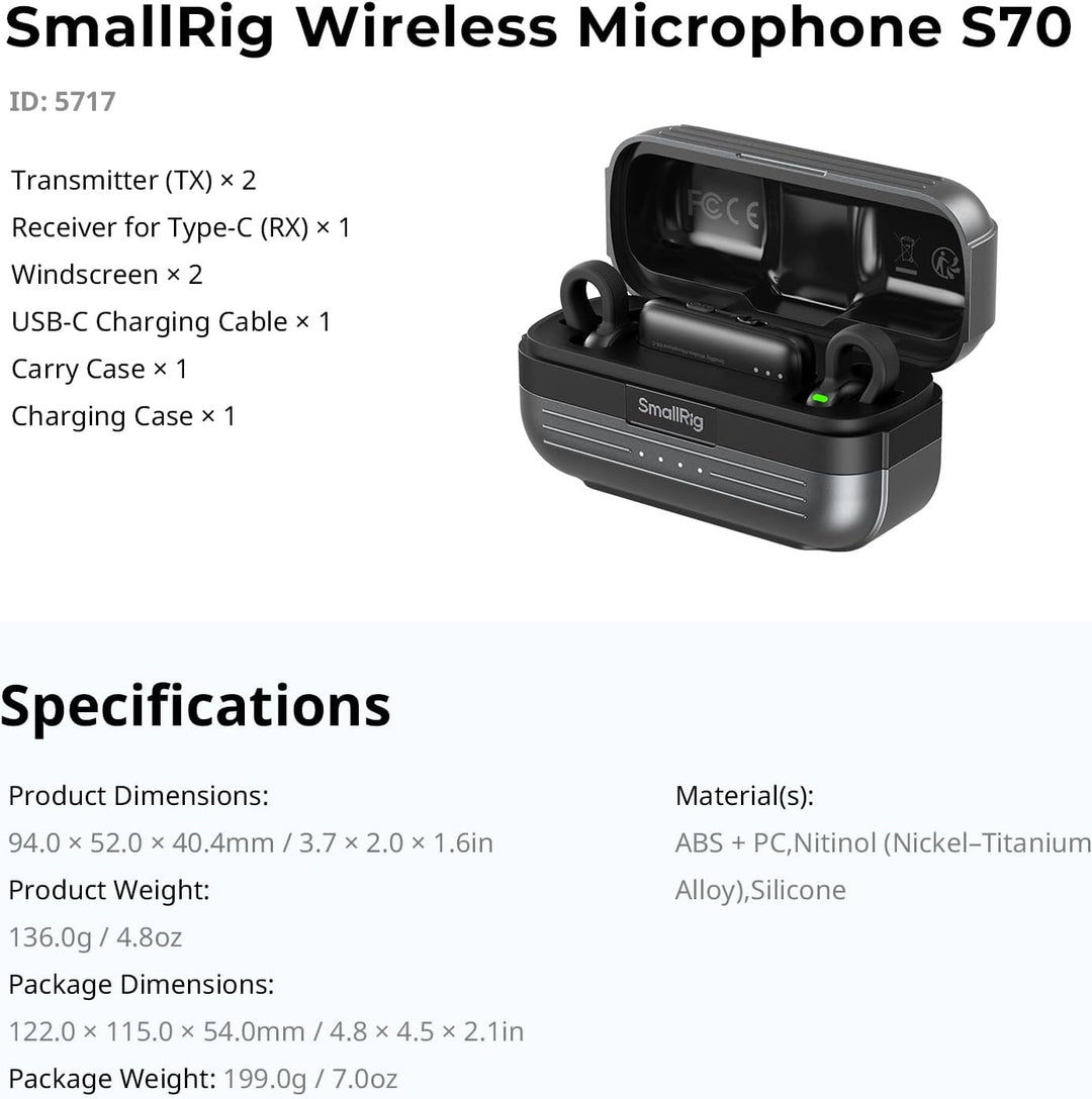 SMALLRIG S70-C2 Wireless Microphone with USB-C Adapter for Phones (Black) 5717