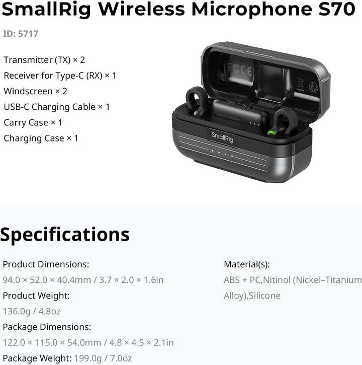 SMALLRIG S70-C2 Wireless Microphone with USB-C Adapter for Phones (Black) 5717