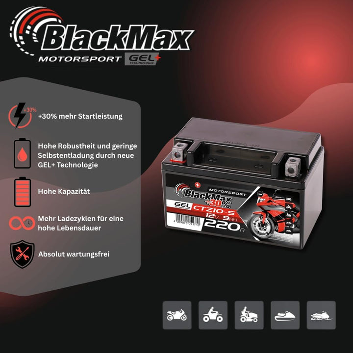BlackMax YTZ10S Motorradbatterie GEL 12V 9Ah Akku GTZ10-S YTZ10-S-BS GEL12-10B-4 9Ah - 210A - YTZ10S