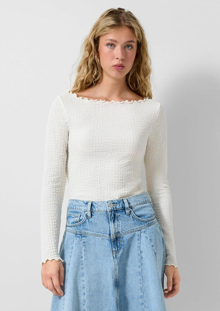 QS Damen Strukturiertes Langarmshirt T-Shirt Langarm XXL 0300_creme, XXL 0300_creme