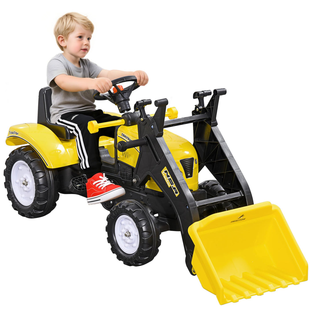 HOMCOM Trettraktor mit Ablagefach Schaufel Lader Traktor Tretfahrzeug für 3-jährige Kinder Gelb+Schw