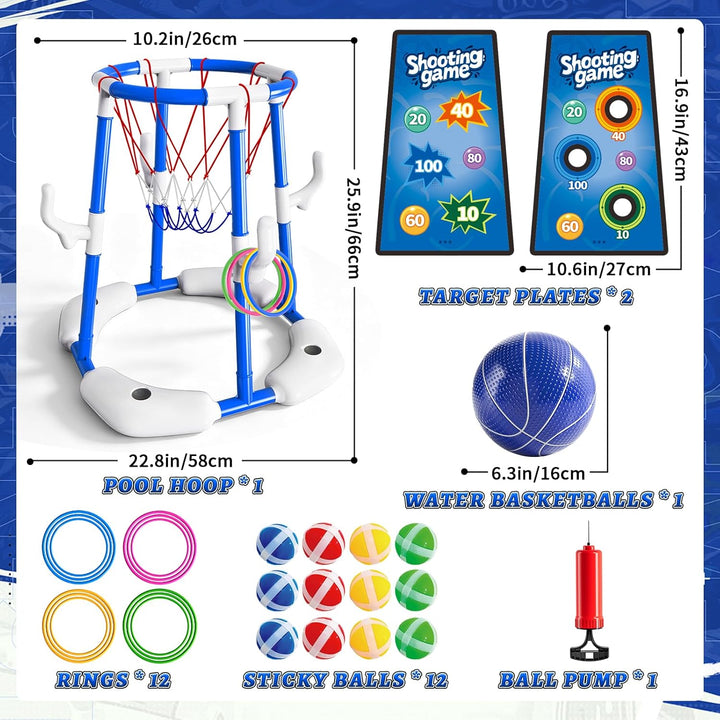 Sitodier Pool-Basketballkorb, 4-in-1-Schwimmkorb mit Ringen, Wurfspiel und haftenden Bällen für Fami