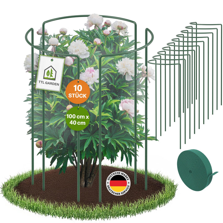 TTL GARDEN Strauchstützen 100cm x 40cm 10er Set + Klettband - Pflanzenstütze Stahl rostfrei Kunststo