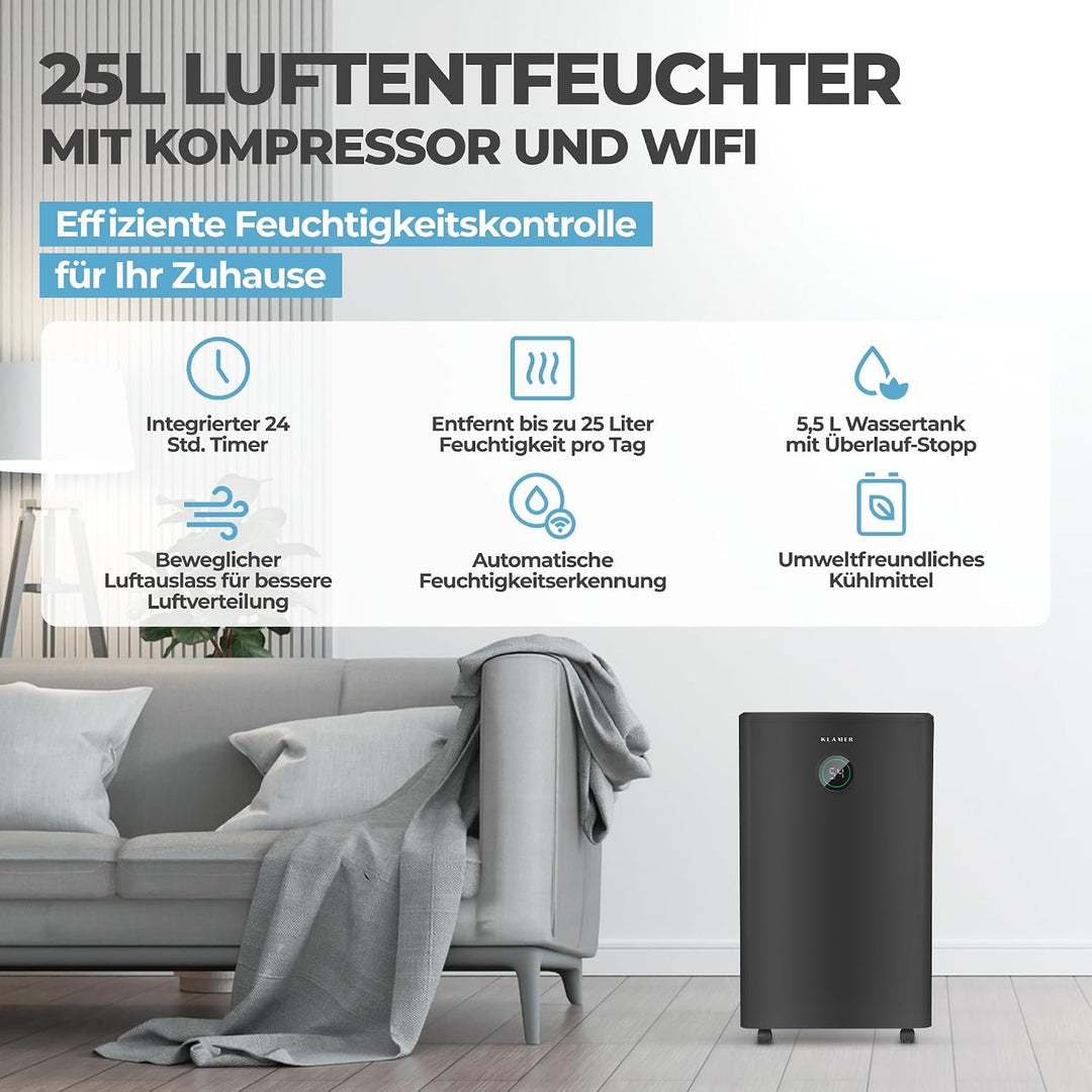 KLAMER Luftentfeuchter elektrisch 25L in 24h mit 5,5L Tank – Leiser, energieeffizienter Raumentfeuch