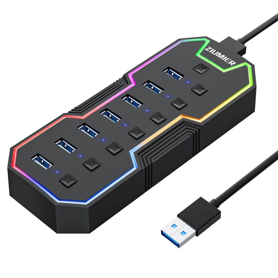 ZIUMIER USB 3.0-Hub, 7-Port-USB-Expander mit RGB-LED-Streifen für MacBook, Mac Pro, Mac mini, iMac,