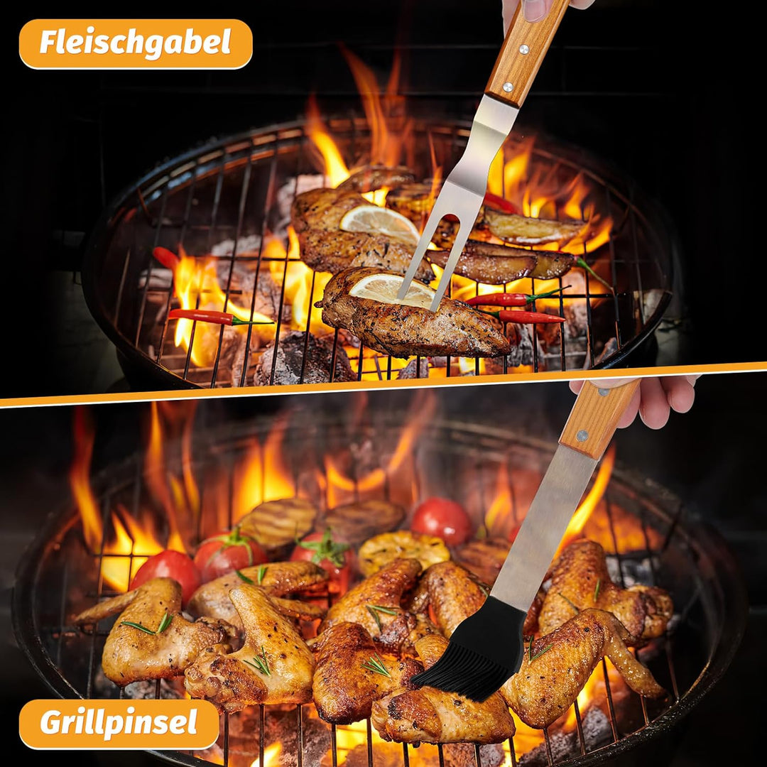 PURPLEBIRD Grillbesteckset 5-TLG, Profi Edelstahl Gril Zubehör Werkzeug Set, Tragetasche mit Schürze