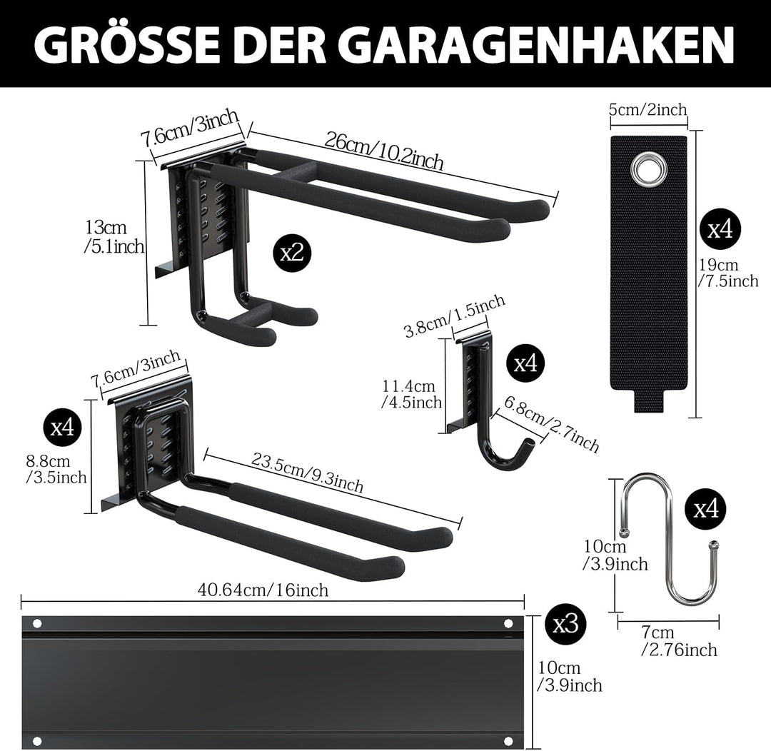 3-H Garage Aufbewahrung,120 cm Einstellbar 10 Wandhalterung Wandhaken und 4 S Haken 4 Aufbewahrungsg