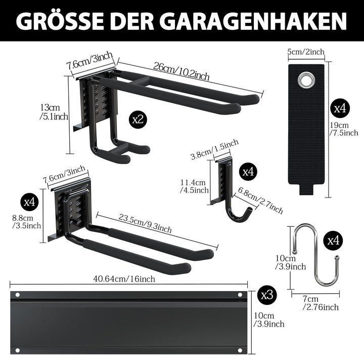 3-H Garage Aufbewahrung,120 cm Einstellbar 10 Wandhalterung Wandhaken und 4 S Haken 4 Aufbewahrungsg