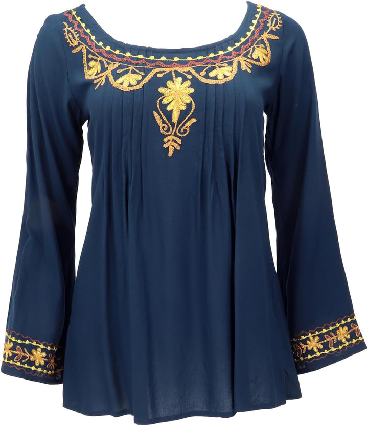 GURU SHOP Bestickte Elfenbluse, Boho Damenbluse 40 Dunkelblau, 40 Dunkelblau