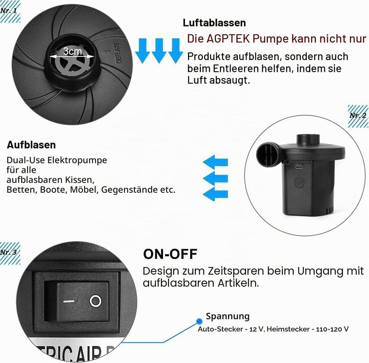 Elektrische Luftpumpe, 4000mAh Tragbare Luftpumpe mit Schnelles Aufblasen/Entleeren Mini Luftmatratz