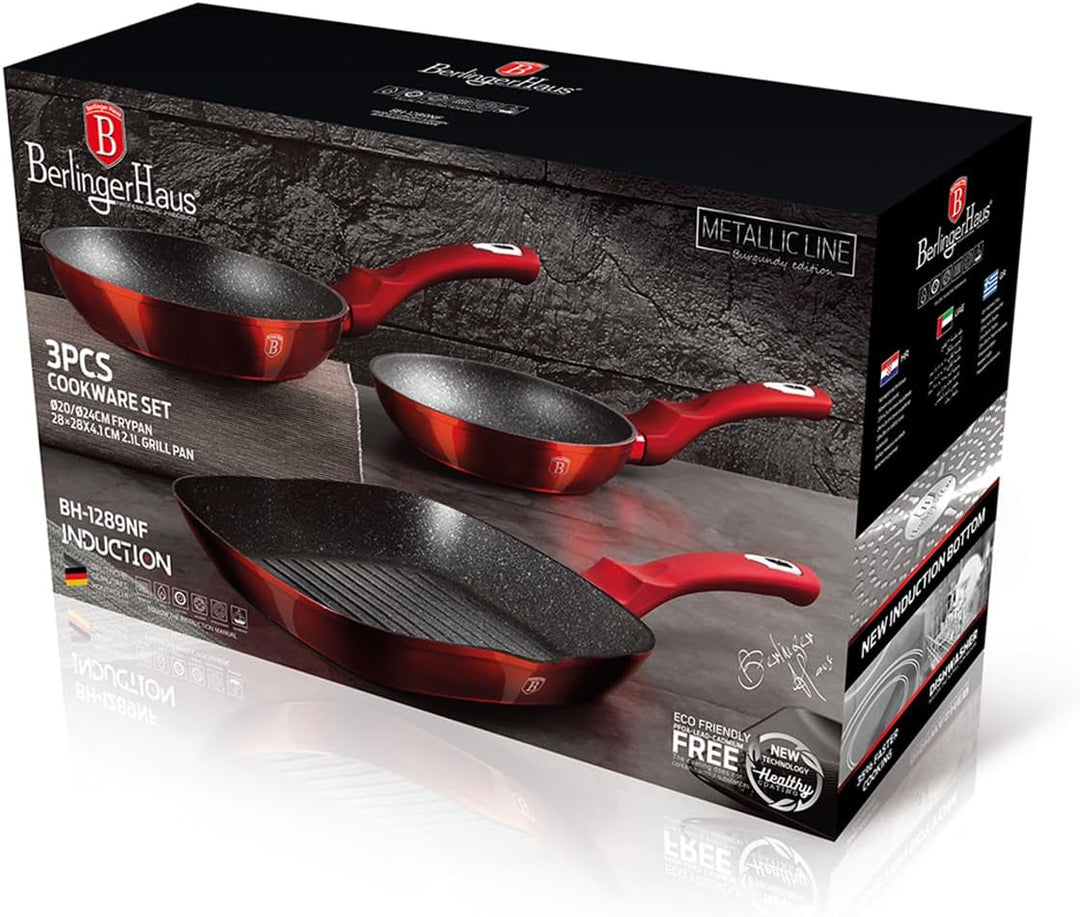 BerlingerHaus Haus Burgundy Set 2 Bratpfannen 1 Grillpfanne Induktion 20-24-28cm, Aluminium, Antihaf