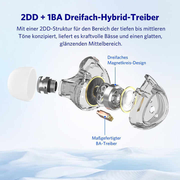 EarFun EH100 Kopfhörer mit Kabel, Hi-Res IEMs, In Ear Kopfhörer | 2 DD + 1 BA Hybrid Treiber für krä