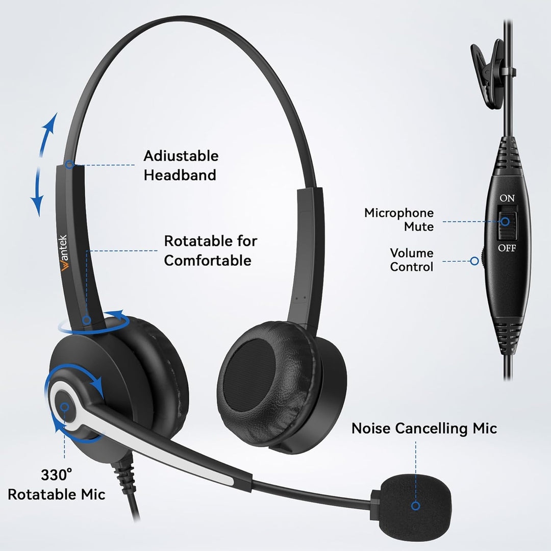 Wantek Telefon Headset Mono mit Noise Cancelling Mikrofon, Lautstärkeregler, Call Center Kopfhörer f