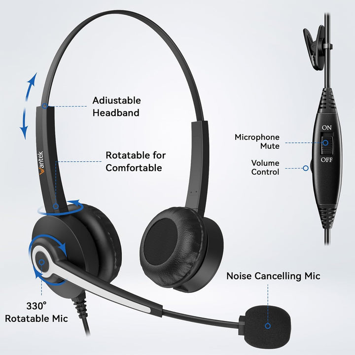 Wantek Telefon Headset Mono mit Noise Cancelling Mikrofon, Lautstärkeregler, Call Center Kopfhörer f