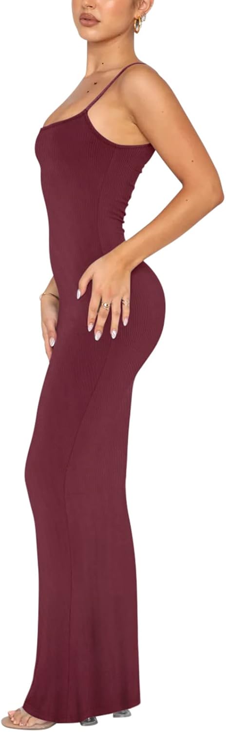 REORIA Damen Sexy Lounge Slip Langes Kleid Elegantes Hochzeitsgast ärmelloses rückenfreies Geripptes