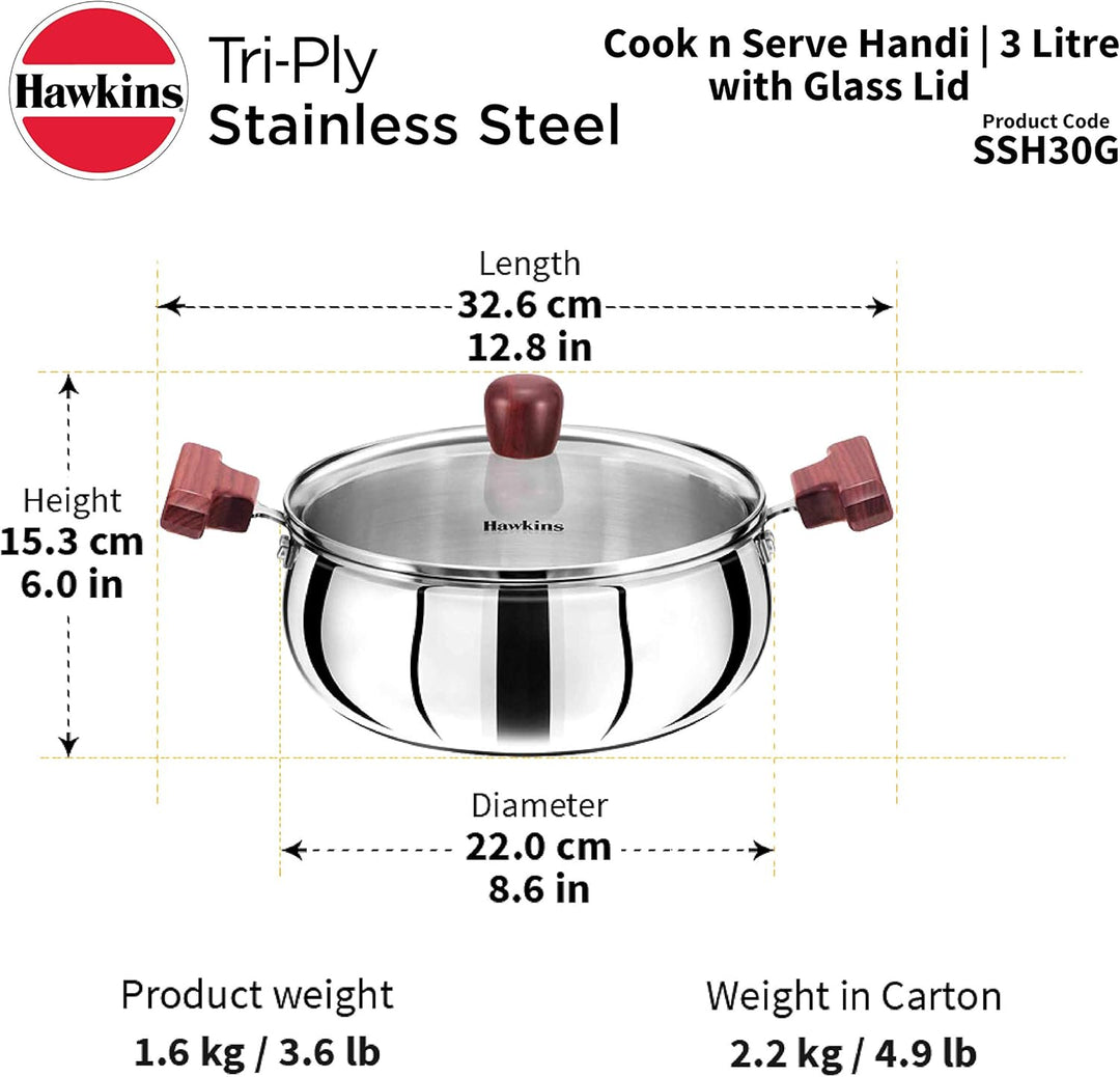 Hawkins 3 Liter Cook n Serve Handi Triply Edelstahl Handi mit Glasdeckel, Induktionssaucenpfanne, St