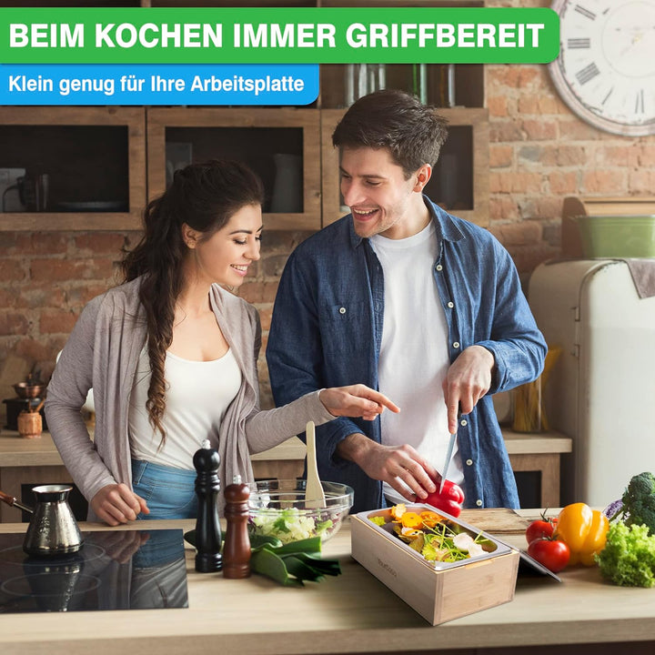 YourCasa® Biomülleimer Küche - Bambus Holz & Edelstahl - für alltäglichen Bio Müll - Spülmaschinenfe