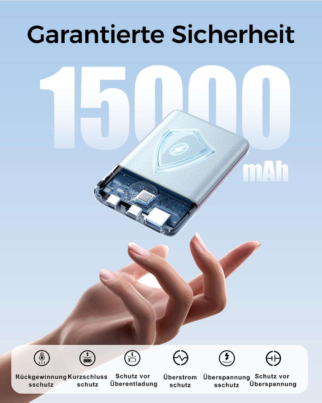 Power Bank, 22.5W Mini PowerBank 15000mAh (USB-C EIN- &amp; Ausgang), PD 3.0 QC 3.0 Externer Handyakku m