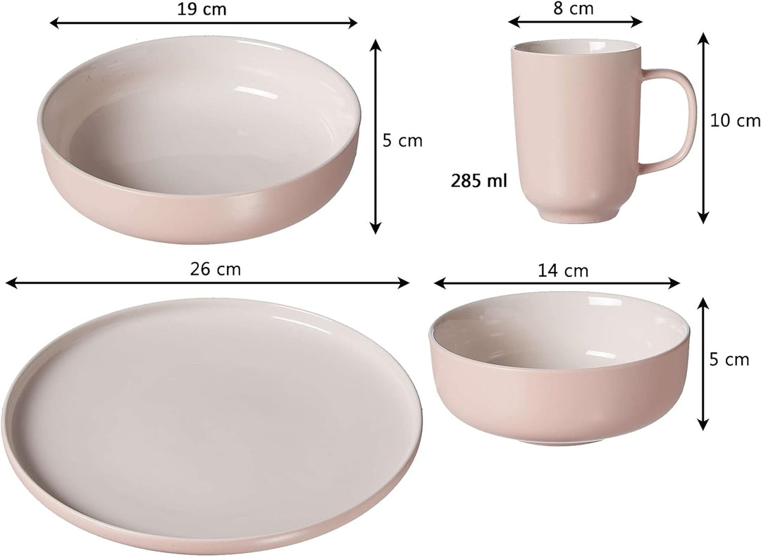 Ritzenhoff & Breker Kombiservice Jasper, 16-teilig, Rosa, Steinzeug, Teller Schalen und Becher für 4